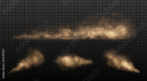 Sand clouds, car, sandstorm or dust dirty brown smoke trails. Heavy thick smog with motes and soil particles, speed effect. Isolated thunderstorm, air pollution elements, Realistic 3d vector set