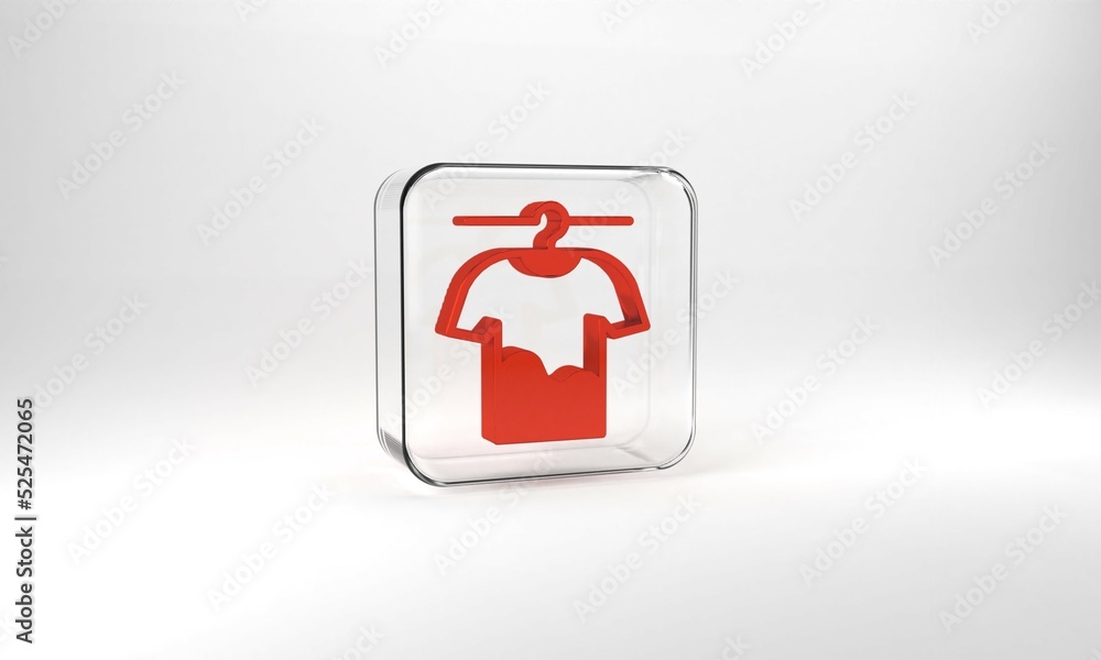 Red Drying clothes icon isolated on grey background. Clean shirt. Wash clothes on a rope with clothespins. Clothing care and tidiness. Glass square button. 3d illustration 3D render Red Drying clothes icon isolated on grey background. Clean shirt. Wash clothes on a rope with clothespins. Clothing care and tidiness. Glass square button. 3d illustration 3D render