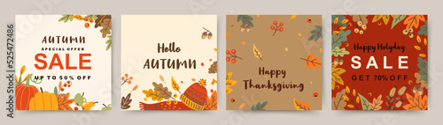Fall season square templates. Thanksgiving and Harvest Day sale on social media. Cute and cozy autumn drawn design elements. Vector illustration 