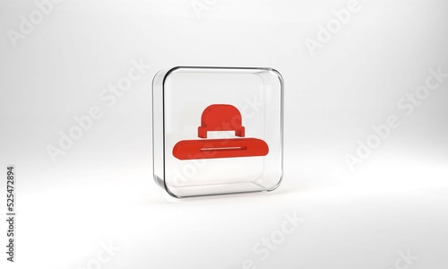 Red Gardener, farmer or agricultural worker hat icon isolated on grey background. Glass square button. 3d illustration 3D render