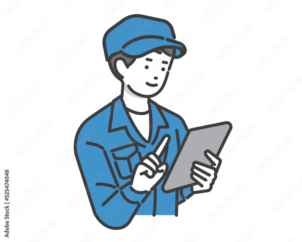 タブレットを操作するつなぎの作業員のベクターイラスト素材／建築／IT／物流／DX
