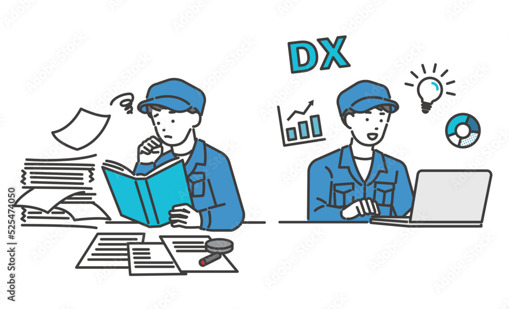DX化で業務の効率化が進んだ作業員のベクターイラスト素材／建築／IT／物流／DX／コンサルティング／セット