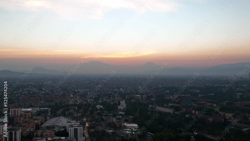 Static Aerial View of Hazy Sunset over Mexico City, Copy Space in Sky Static Aerial View of Hazy Sunset over Mexico City, Copy Space in Sky