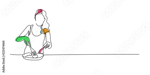 female chef cooking line art. line drawing busy housewife cooking daily activities.female continuous line cooking. 