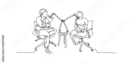 continuous line of podcast activity.line drawing of podcast activity of men.single line vector continuous line of podcast men using microphone and headphones