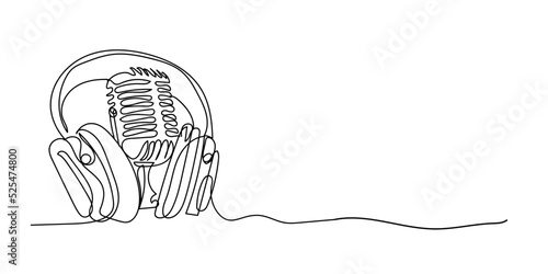 continuous line of condenser mic and headphones.one line drawing of podcast equipment .single line vector illustration. isolated white background