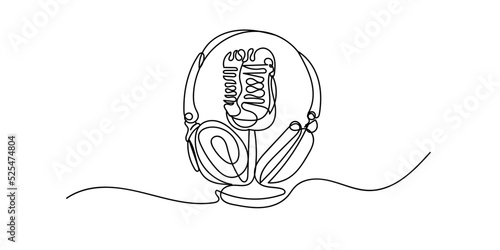 continuous line of condenser mic and headphones.one line drawing of podcast equipment .single line vector illustration. isolated white background