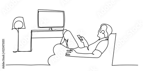 continuous line of man relaxing watching television. vector line art of man relaxing in tv room