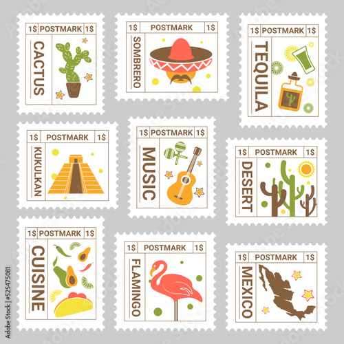 Postal mark set with colorful mexican element