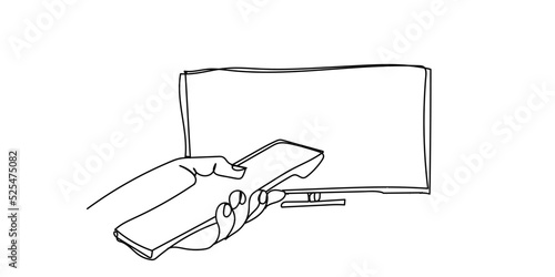 continuous line of hand and television remote. vector of hand line controlling television remote