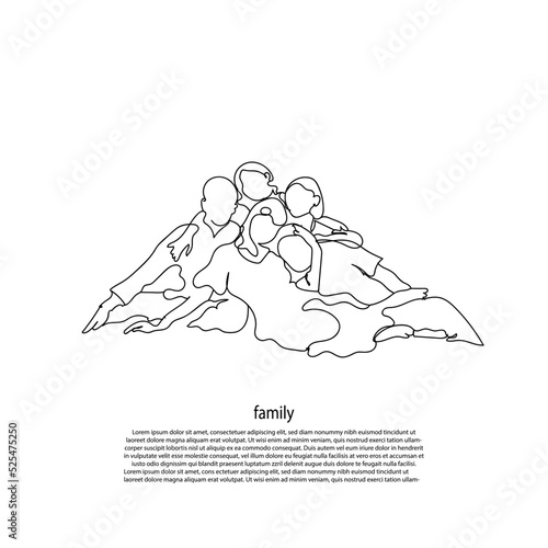 family continuous line. family line art vector, family hugging. line drawing of father, mother and 3 children isolated on white background