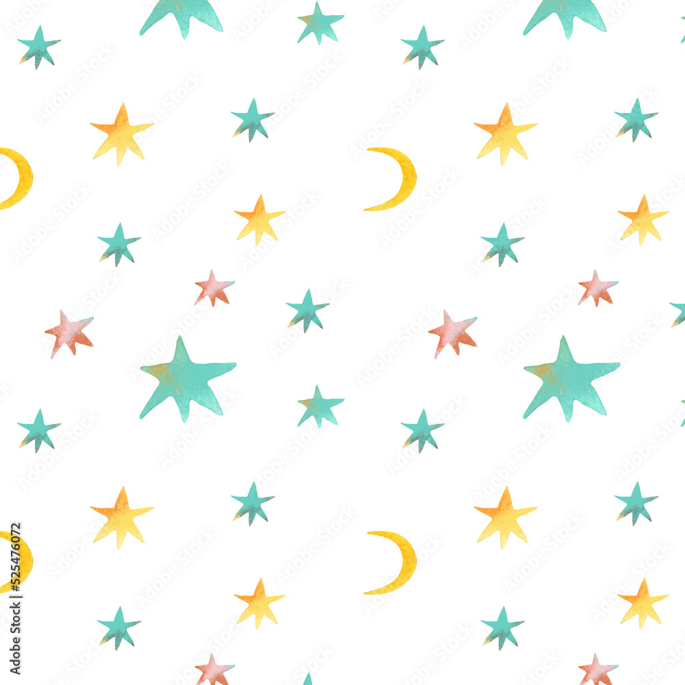 Obraz premium Watercolor seamless pattern with stars and moon, watercolor texture. Simple drawn stars. Funny children's abstract night sky print, suitable for fabric, delicate palette