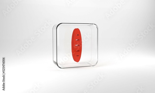 Red French baguette bread icon isolated on grey background. Glass square button. 3d illustration 3D render