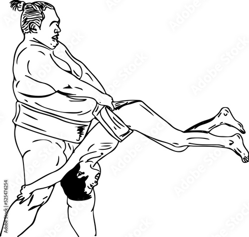 Fototapeta Naklejka Na Ścianę i Meble -  Sumo wrestler doodle cartoon drawings, Sumo wrestler in funny pose sketch drawing, Sumo wrestler lifting a sumo kid player