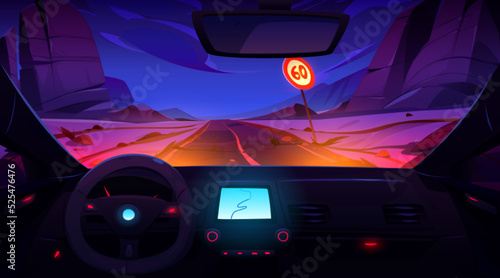 Car salon interior inside with steering wheel, dashboard and gps navigator screen. Vector cartoon illustration of mountains landscape with highway and road sign view from vehicle window at night