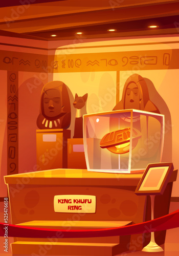 Egyptian museum with King Khufu ring in showcase, pharaoh and god statues. Vector cartoon illustration of museum interior with ancient historical exhibits of Egypt culture