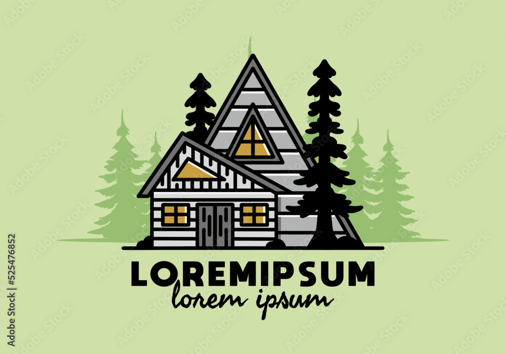 Fototapeta premium Aesthetic wood house between two pine tree illustration badge design