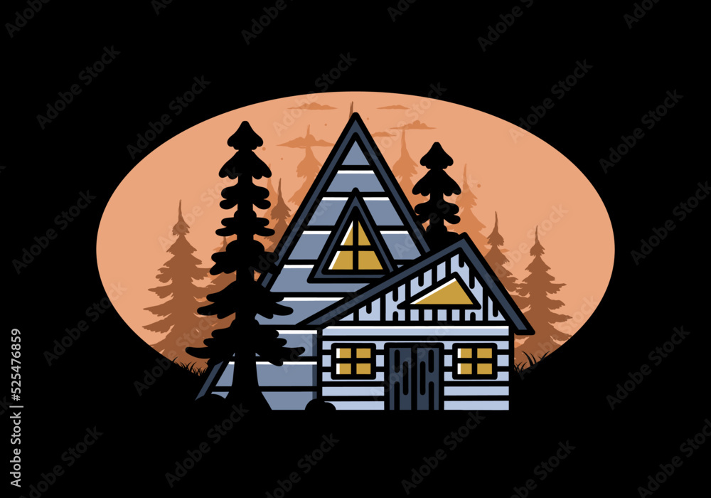 Aesthetic wood house between two pine tree illustration badge design