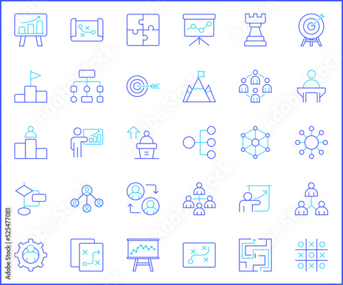 Simple Set of strategy Related Vector Line Icons. Contains such Icons as goals, success, logic, graphs, reports, business, growth, targets and more.