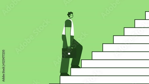 Green Style Man with Briefcase Flat Character Climbs Stairs Walking Cycle. Isolated Loop Animation with Alpha Channel