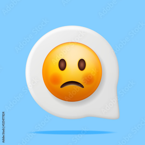 3D Yellow Sad Emoticon in Speech Bubble Isolated. Render Sad Emoji. Slightly Unhappy Face. Communication, Web, Social Network Media, App Button. Realistic Vector Illustration