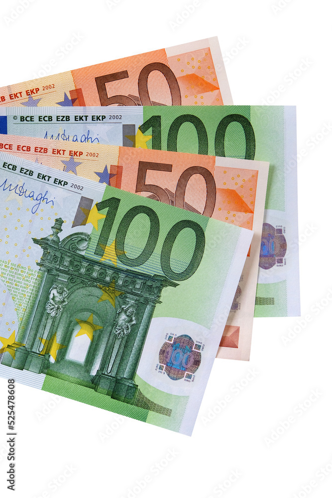 Euro fifty and hundred currency bills isolated transparent background photo PNG file - obrazy, fototapety, plakaty 