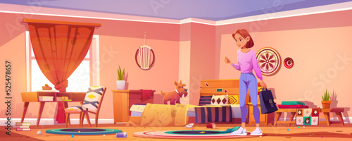 Problem of bad behavior of naughty pet. Guilty dog and angry woman owner in dirty room. Upset girl scolds puppy for mess and chaos in bedroom, vector cartoon illustration