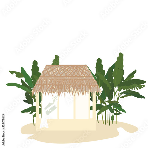 Bungalows vector stock illustration. A house with a thatched roof. Palm trees and a hut on a tropical island. Travel, vacation, vacation. Isolated on a white background.