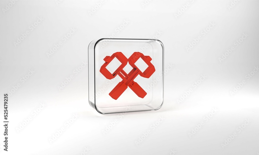 Red Medieval crossed battle hammers icon isolated on grey background. Glass square button. 3d illustration 3D render Red Medieval crossed battle hammers icon isolated on grey background. Glass square button. 3d illustration 3D render