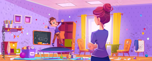 Woman looks at messy kids room with boy jumping on trampoline. Dirty playroom interior with clutter, scattered toys, drawings on walls, playing child and mother, vector cartoon illustration