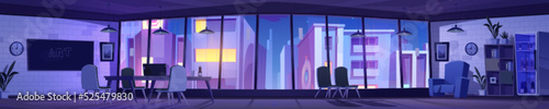 Night office interior, coworking area, art studio workplace with laptop on desk , chairs, board, wide windows. Comfortable place, boardroom for business people cooperation, Cartoon vector illustration