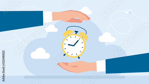 The metaphor of Time management. Save time, plan business. Businessman holding a clock in hands. Execution of tasks on time. Adherence to the deadline. Resource management. Flat vector illustration.