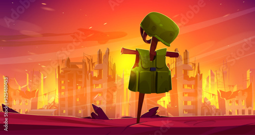 City in fire, war destroy, soldier ammunition hang on poles like a scarecrow on background with abandoned burning broken buildings with smoke and flame. Bomb destruction, Cartoon vector illustration