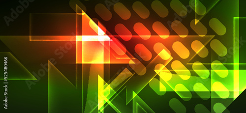 Background wallpaper neon glowing lines and geometric shapes. Dark wallpaper for concept of AI technology, blockchain, communication, 5G, science, business and technology