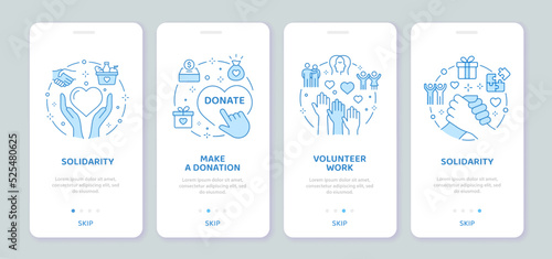 App pages screen template on theme charity, donation, empathy, partnership, volunteer and more. Vector illustration.