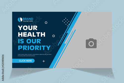Editable video thumbnail and web banner design. Medical healthcare, fitness training, exercise customizable video thumbnail cover photo fully editable for social media.