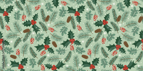 Christmas and Happy New Year seamless pattern. Spruce branches, leaves, berries, snowflakes. New Year symbols.Trendy retro style. Vector design.