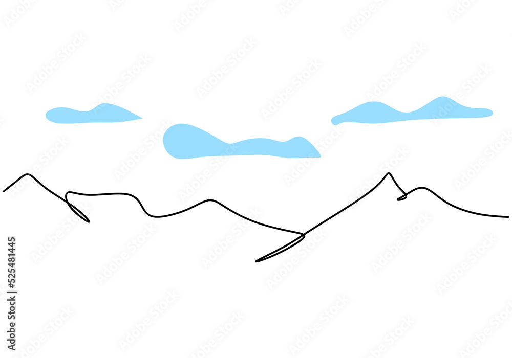 One continuous single line hand drawing of mountain view isolated on white background. One continuous single line hand drawing of mountain view isolated on white background.
