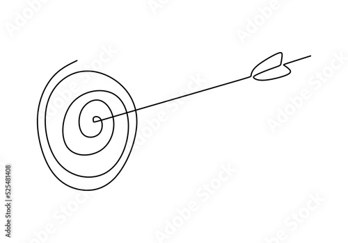 One continuous single line hand drawing of arrows aim isolated on white background.