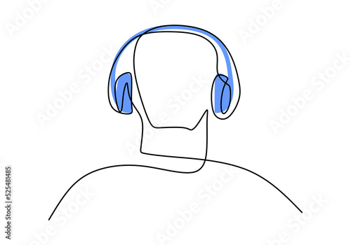 One continuous single line hand drawing of man use headphone isolated on white background.
