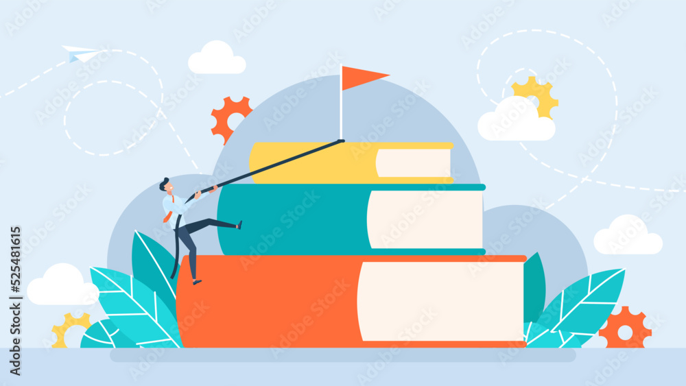 A man climbs to the top of a mountain of books. Education, teamwork, learning via reading. Characters studying, self development and goal achievement. Flat style. Vector illustration