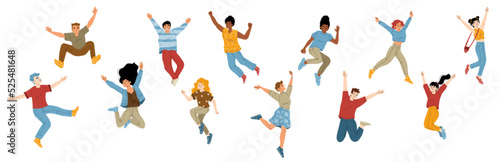 Happy people jumping set isolated on white background. Successful multiethnic male, female flat characters waving hands smiling in good mood, celebrating victory, enjoying triumph. Vector illustration