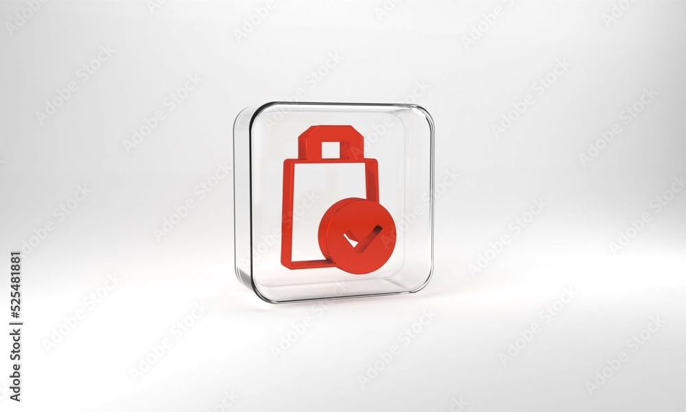 Red Paper shopping bag icon isolated on grey background. Package sign. Glass square button. 3d illustration 3D render Red Paper shopping bag icon isolated on grey background. Package sign. Glass square button. 3d illustration 3D render