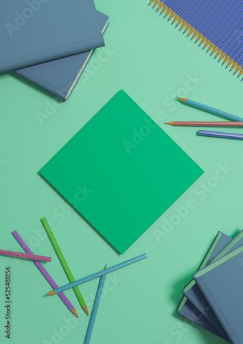 Bright turquoise green 3D illustration back to school product display one podium or stand top view, flat lay, from above with pencils, and books on table for product photography background wallpaper