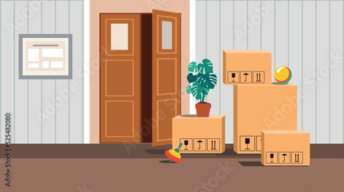Delivery Service and apartment relocation. Vector residential Corridor with doors. Interior of the 1st floor Hallway.  Vector illustration of cartoon room or hallway for background  print  web. 