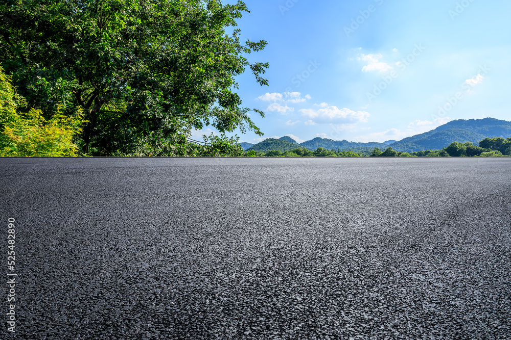 Fototapeta premium Asphalt road and green forest with mountain background