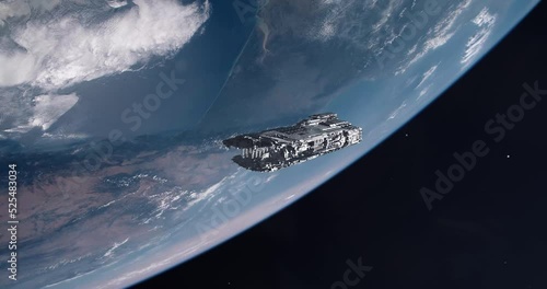 Large Futuristic Spaceship Appearing in Earth Orbit in a Flash of Light photo