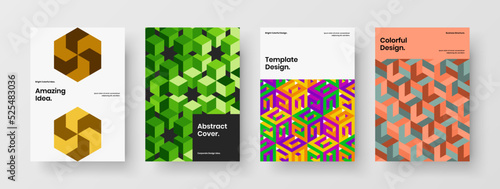 Abstract banner A4 vector design illustration set. Bright mosaic hexagons handbill template composition.