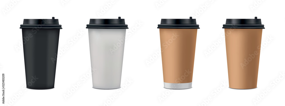 Realistic Coffee Paper Cup Set With Lid - Vector Illustrations Isolated On White Background Realistic Coffee Paper Cup Set With Lid - Vector Illustrations Isolated On White Background
