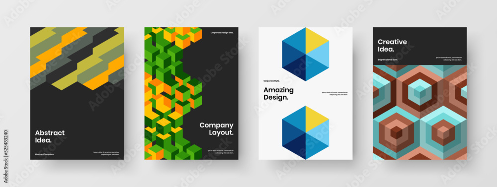 Vivid booklet vector design illustration composition. Abstract mosaic tiles corporate identity template bundle.